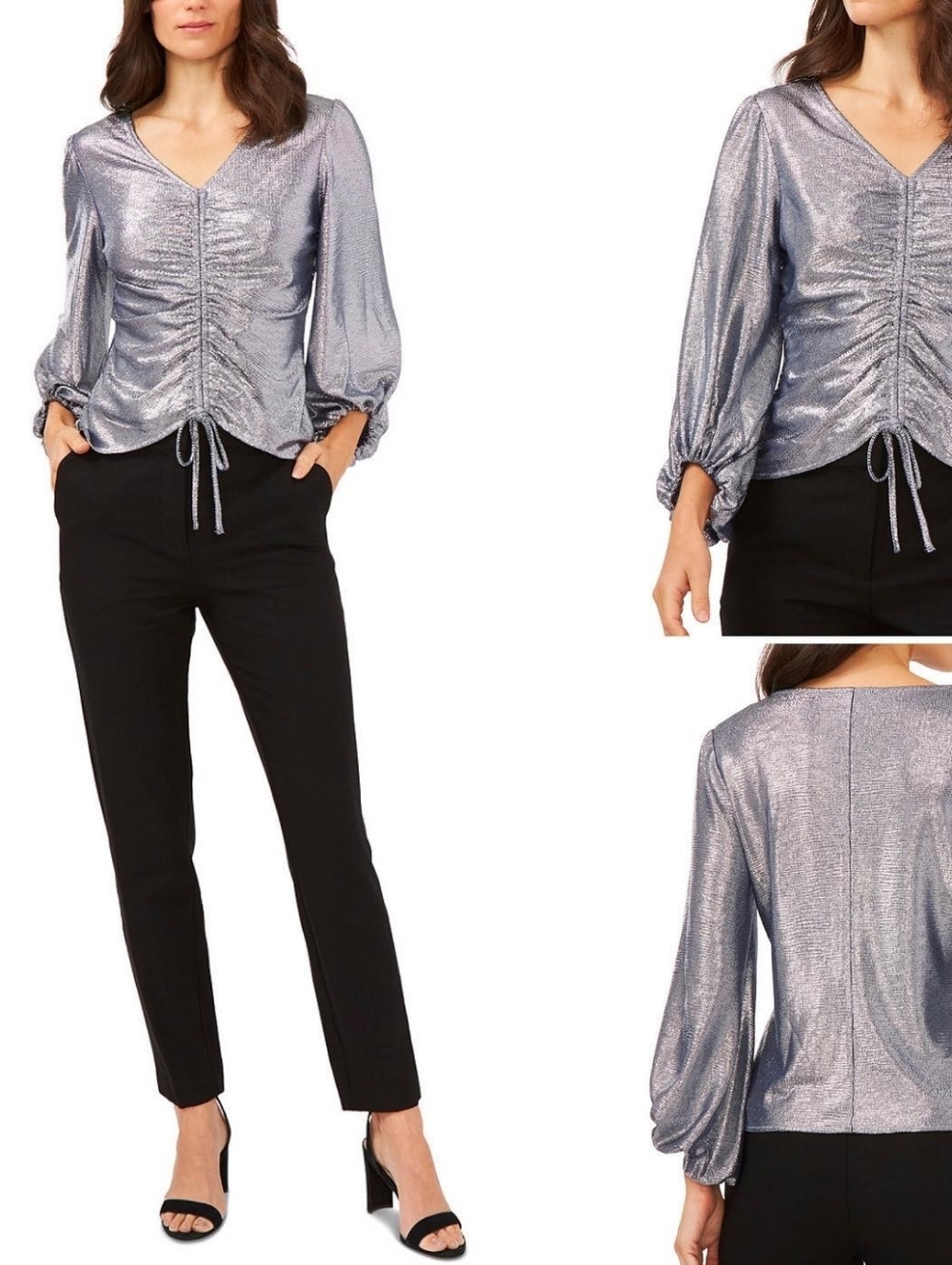 CeCe ✨️ Silver Metallic Drawstring V-Neck Women'd Top Size S